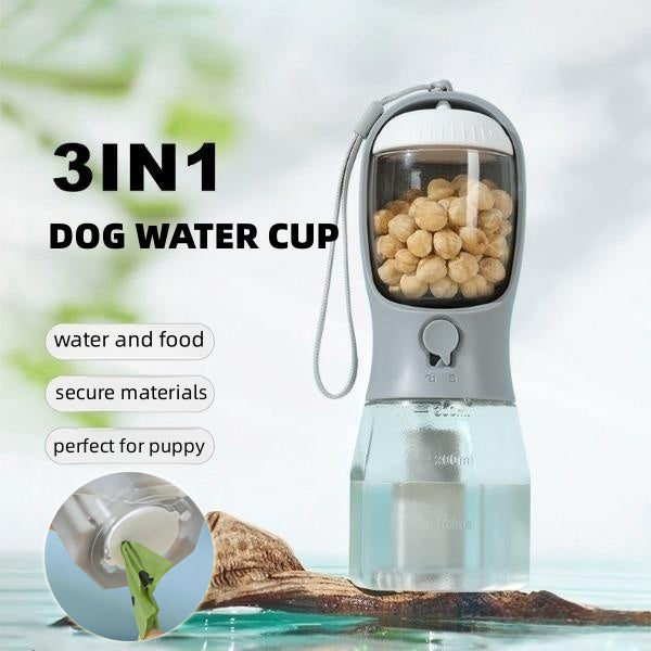 3-in-1 Portable Dog Water Bottle – Drinking Cup, Food Container & Poop Bag Holder