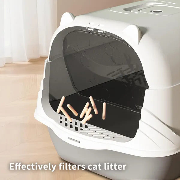 Fully Enclosed Cat Litter Box – Odor Control, Portable with Scoop & Mat (Gray)