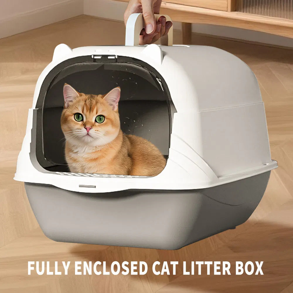 Fully Enclosed Cat Litter Box – Odor Control, Portable with Scoop & Mat (Gray)
