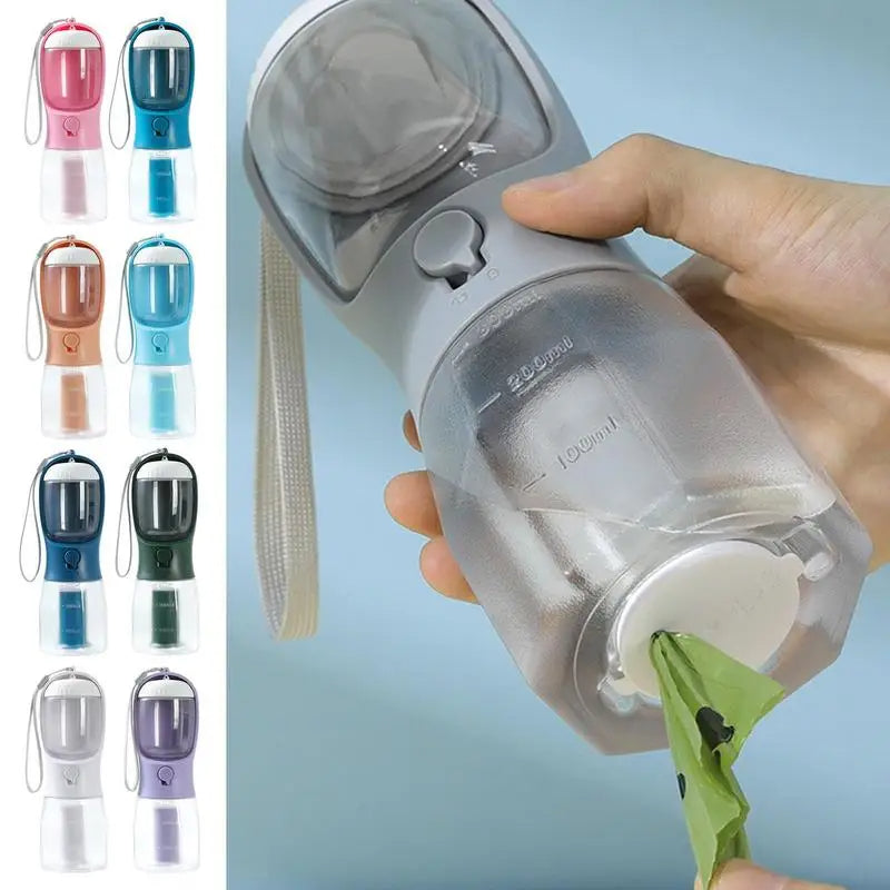 3-in-1 Portable Dog Water Bottle – Drinking Cup, Food Container & Poop Bag Holder