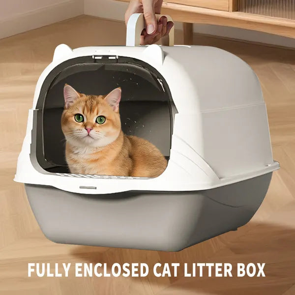 Fully Enclosed Cat Litter Box – Odor Control, Portable with Scoop & Mat (Gray)