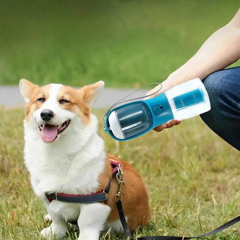 3-in-1 Portable Dog Water Bottle – Drinking Cup, Food Container & Poop Bag Holder