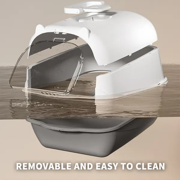 Fully Enclosed Cat Litter Box – Odor Control, Portable with Scoop & Mat (Gray)