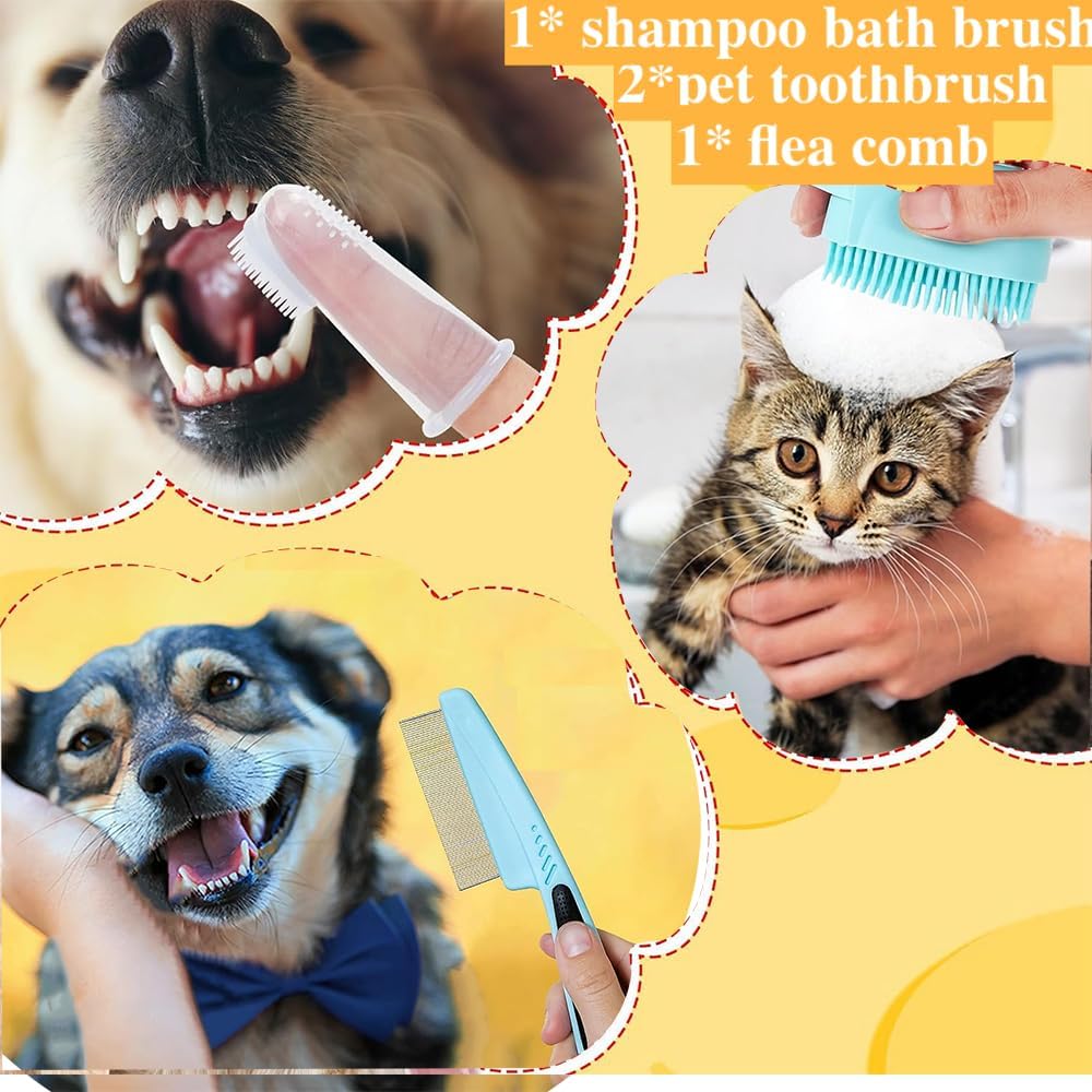 7-in-1 Pet Grooming Kit Dog & Cat Brush Set Self Cleaning Deshedding Brush Nail Clipper Flea Comb Bath Brush & Toothbrush Grooming Tools