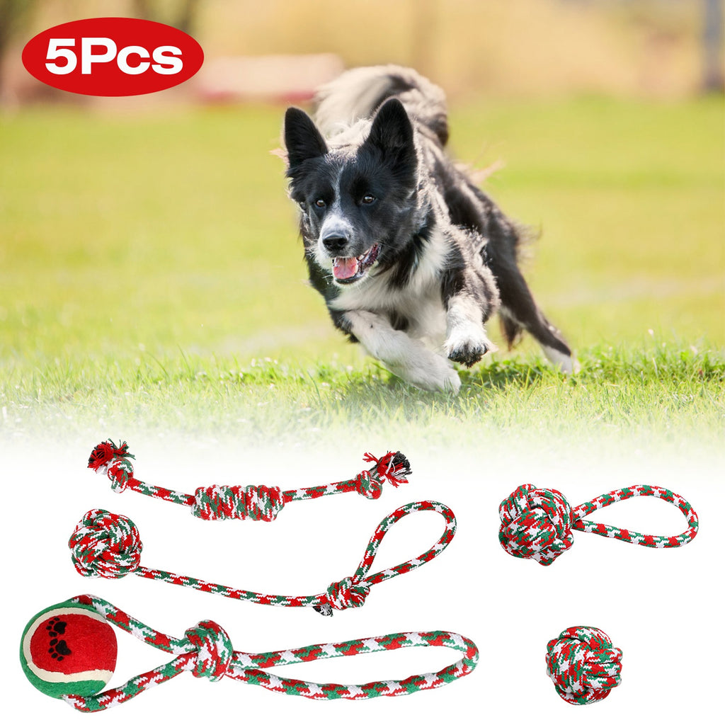 Set of 5 Christmas Dog Rope Chew Toys Interactive Pet Toy Set for Puppies Small Medium Large Dogs Aggressive Chewers Training Teething Toys