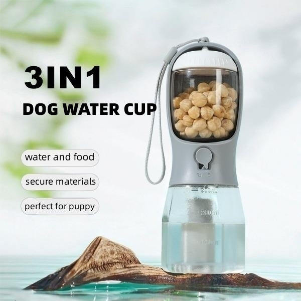 3-in-1 Portable Dog Water Bottle – Drinking Cup, Food Container & Poop Bag Holder