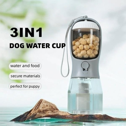 3-in-1 Portable Dog Water Bottle – Drinking Cup, Food Container & Poop Bag Holder