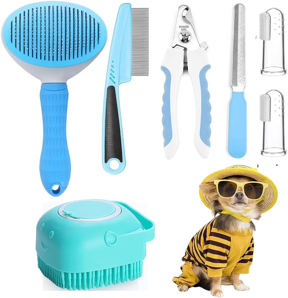 7-in-1 Pet Grooming Kit Dog & Cat Brush Set Self Cleaning Deshedding Brush Nail Clipper Flea Comb Bath Brush & Toothbrush Grooming Tools