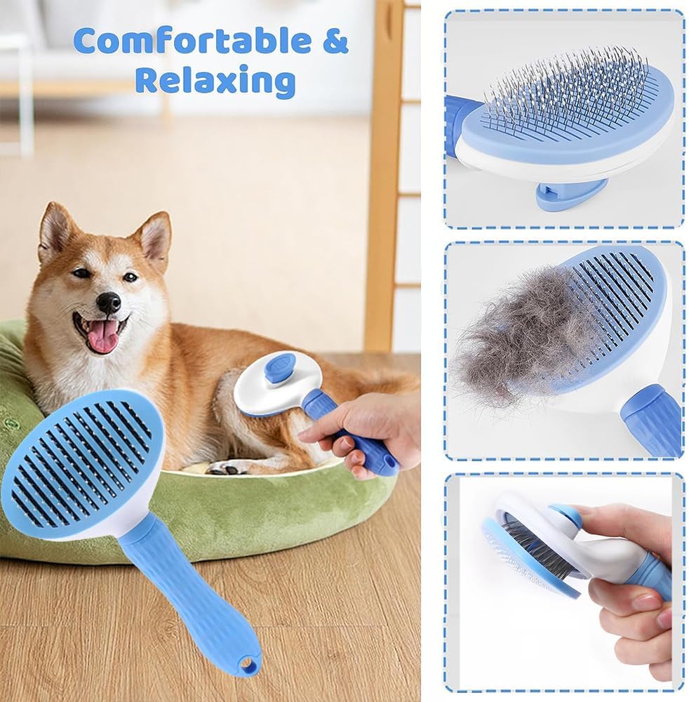 7-in-1 Pet Grooming Kit Dog & Cat Brush Set Self Cleaning Deshedding Brush Nail Clipper Flea Comb Bath Brush & Toothbrush Grooming Tools