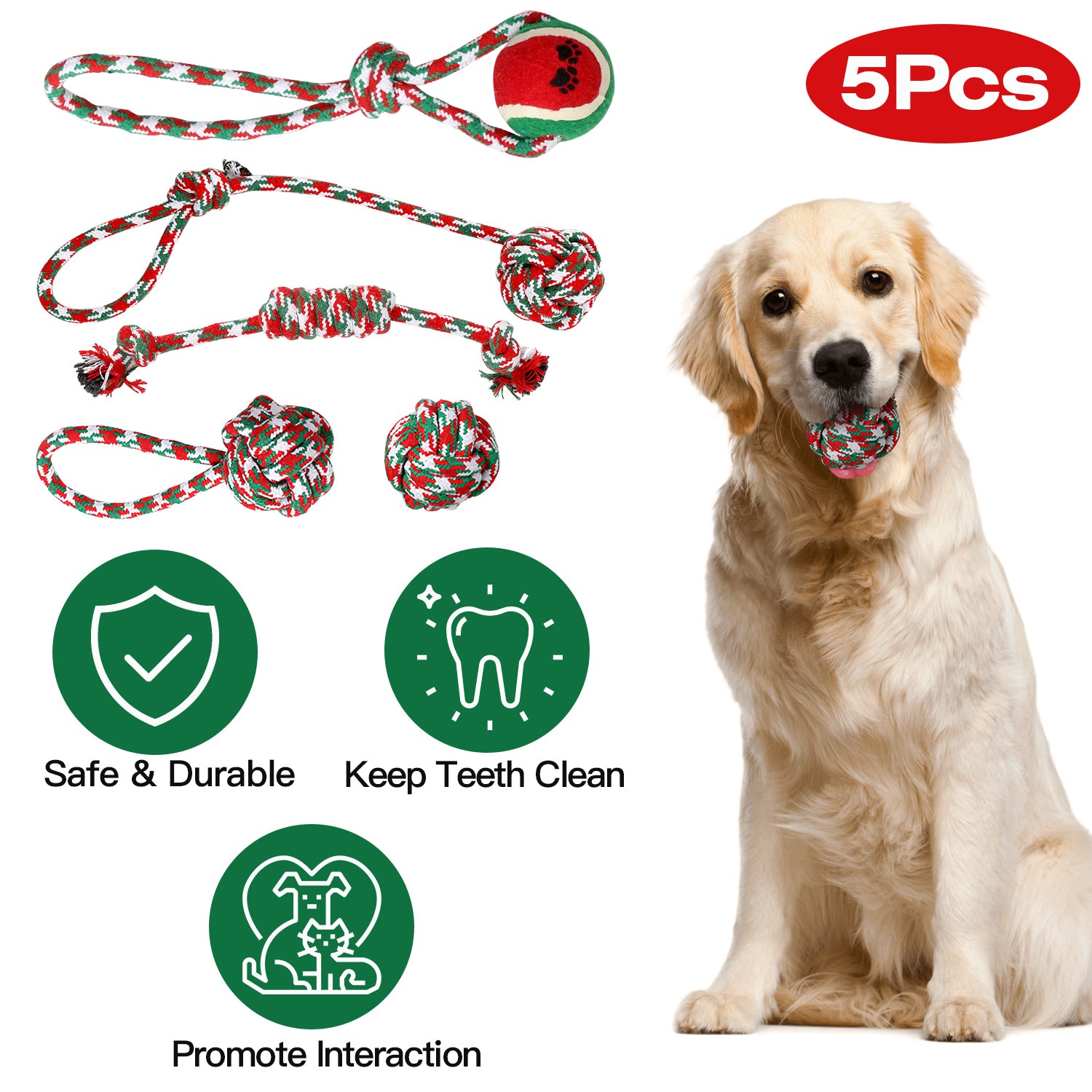 Set of 5 Christmas Dog Rope Chew Toys Interactive Pet Toy Set for Puppies Small Medium Large Dogs Aggressive Chewers Training Teething Toys