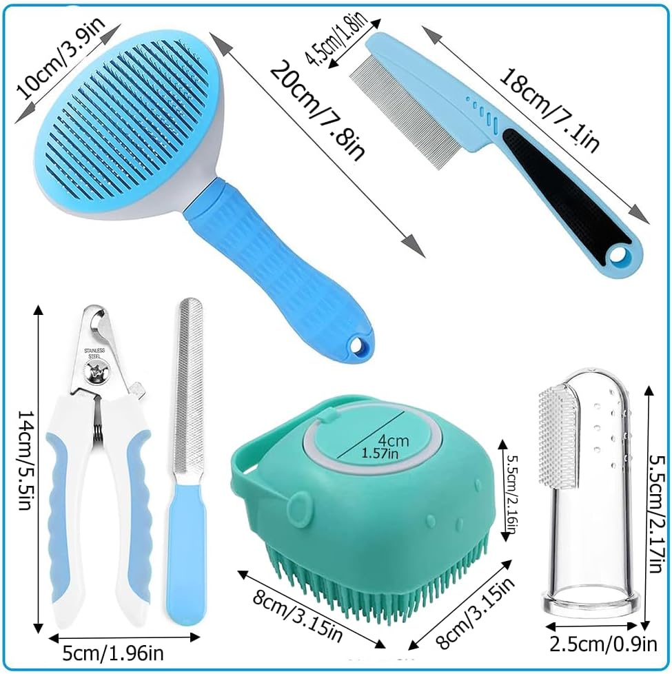 7-in-1 Pet Grooming Kit Dog & Cat Brush Set Self Cleaning Deshedding Brush Nail Clipper Flea Comb Bath Brush & Toothbrush Grooming Tools